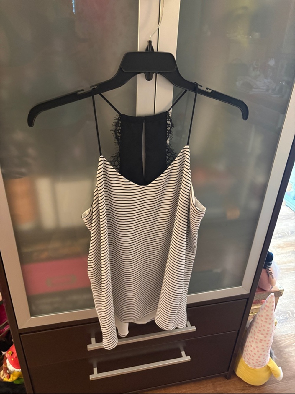 Express Black and White Striped Lace-Back Cami